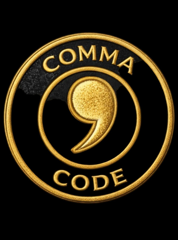 'COMMA CODE' text and a comma symbol on a black background
